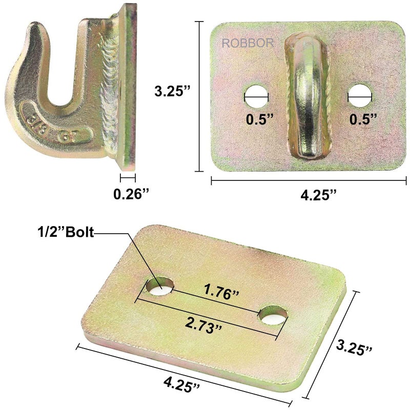 Robbor Grab Hook 3/8 in Bolt-on Grab Hook Grade 70 Forged Steel Tow Hook Work Well for Tractor Bucket, RV, UTV,Truck with Backer Plate and Hardware -2 PK - Image 4